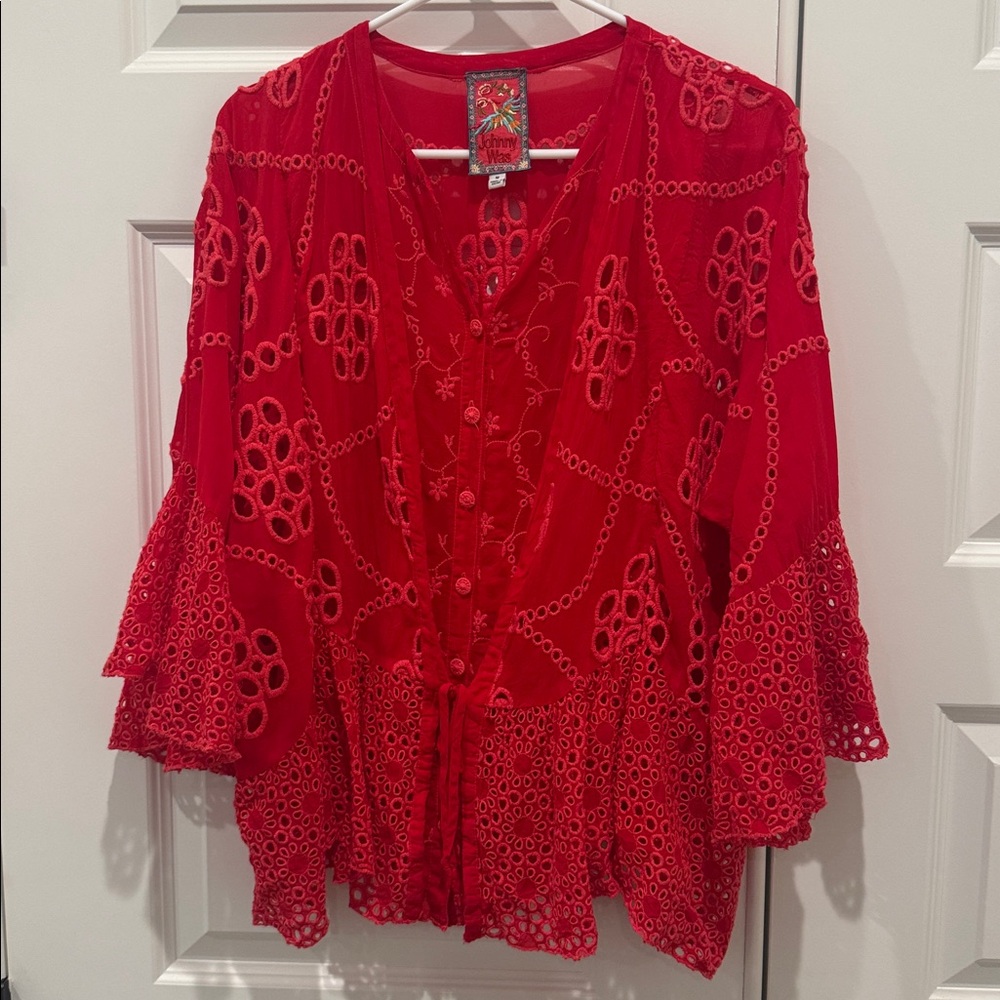 JOHNNY WAS XANTHOS RAE BLOUSE Embroidered Frilly Eyelet Red Sz Medium - Picture 3 of 13
